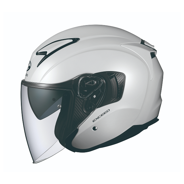 A white Honda Exceed motorcycle helmet with a clear visor, featuring sleek aerodynamic design and black accents.